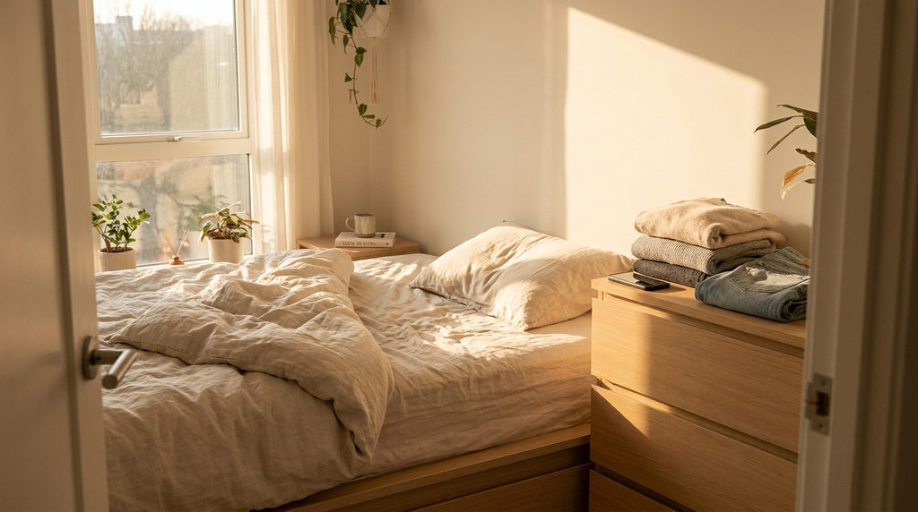 Morning sunlight falling across an empty bedroom with a phone on the bedside table.