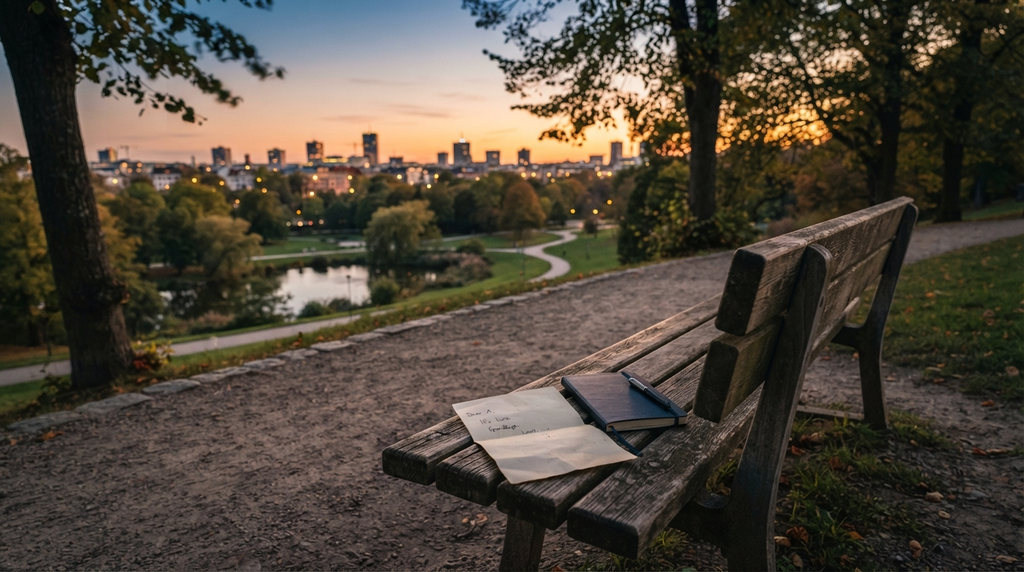 A handwritten letter and notebook resting on an empty park bench at sunset.