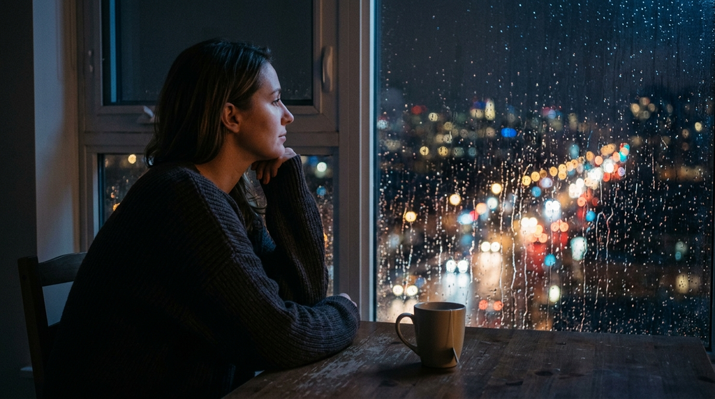 A person reflecting quietly beside a rain-covered window at night.