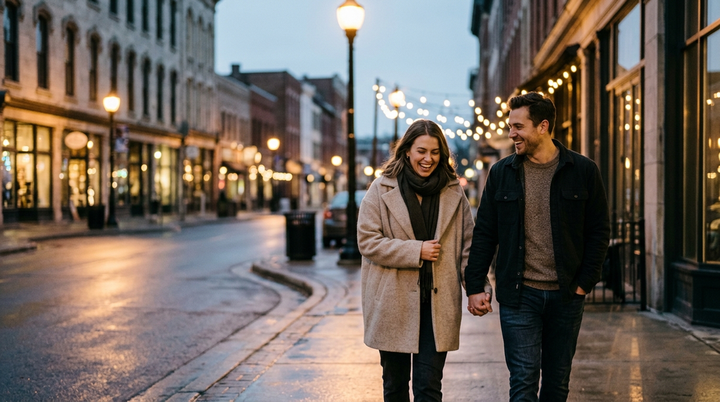 A couple laughing together during an evening walk.