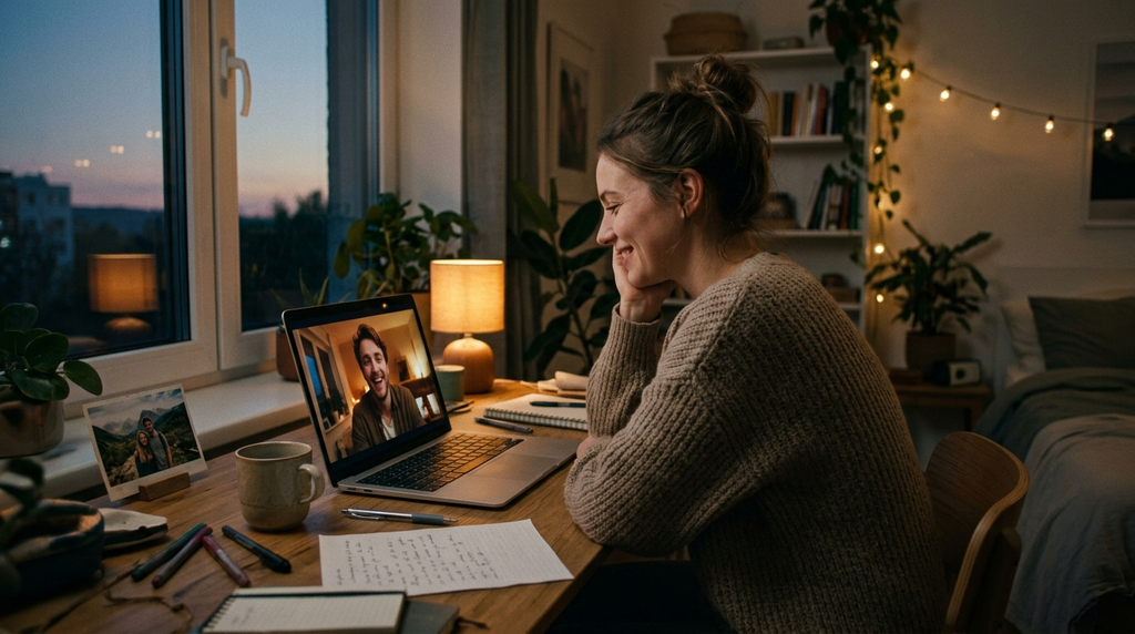 Couple sharing a video call while living in different places.