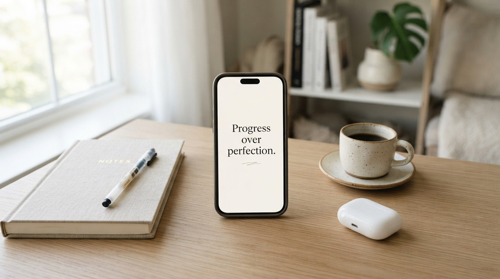 Smartphone displaying a short motivational quote on a minimalist desk.