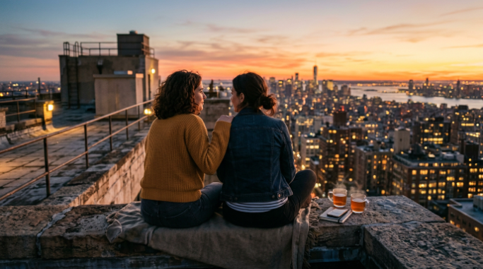 Two close friends enjoying a peaceful sunset together on a rooftop.
