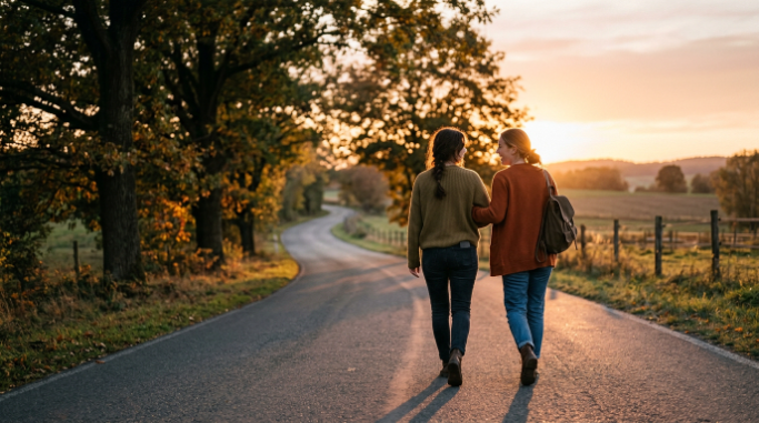 Two friends walking together along a peaceful road at sunset.