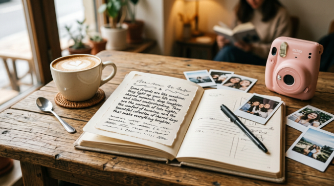 A notebook, coffee cups, and photographs representing shared friendship memories.