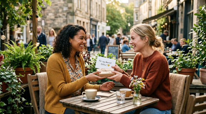 Two friends sharing a thoughtful handwritten message at a café.