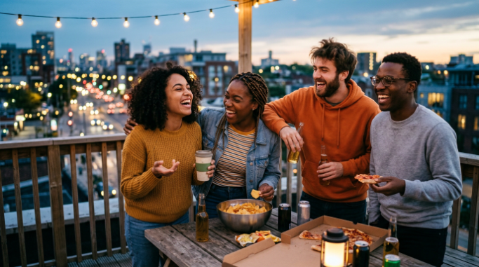 A group of close friends laughing together during an evening gathering.