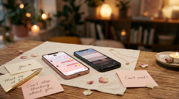 Smartphones and romantic notes representing playful conversations.