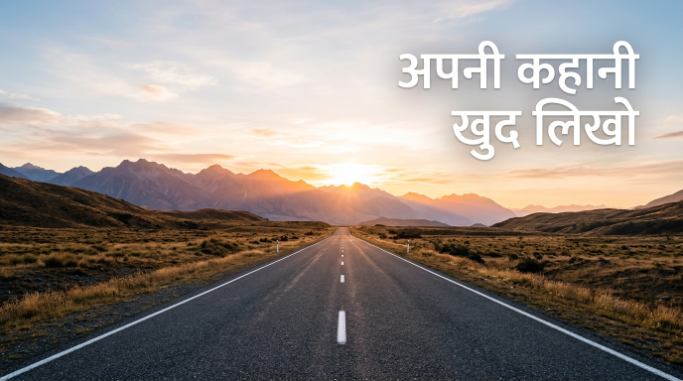 Wide inspirational cover graphic with a road and Hindi motivational text.