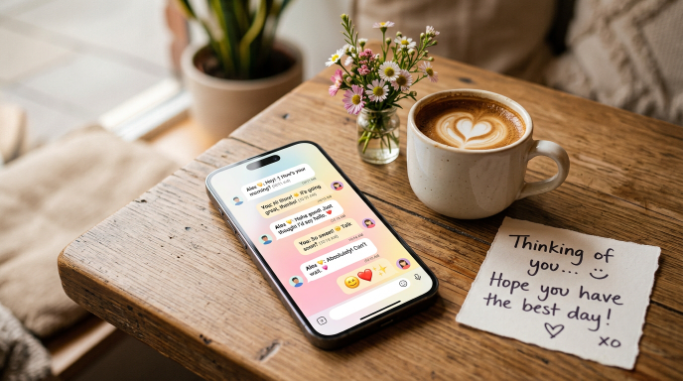 A playful romantic chat beside coffee and flowers.