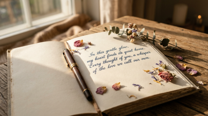 A handwritten romantic verse in an open notebook.