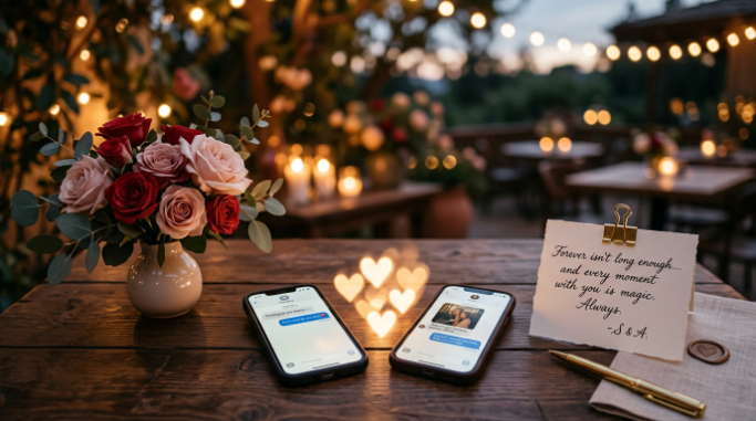 Two phones with romantic notes and soft heart-shaped lights.