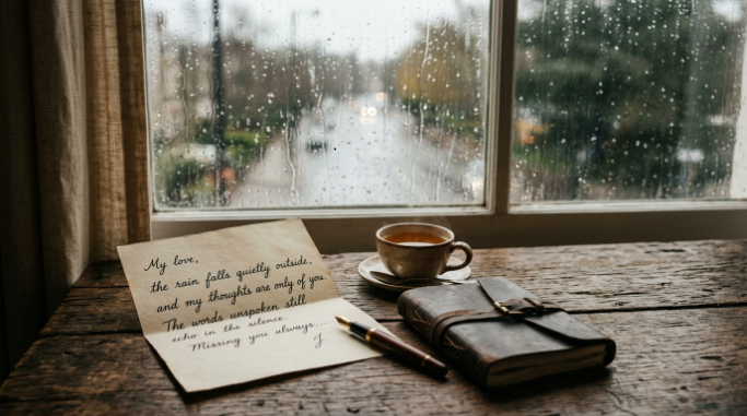 A handwritten letter and notebook beside a rainy window.