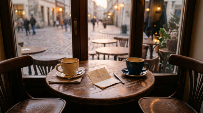 Two cups and a folded note on a quiet café table.
