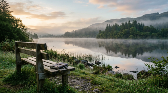 A journal resting on a bench beside a calm morning lake.