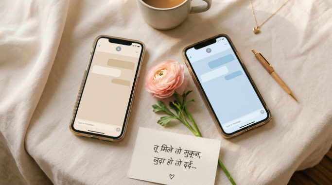 Two phones and a handwritten note arranged in a romantic setting.