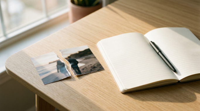A torn photo beside a blank notebook in morning light.