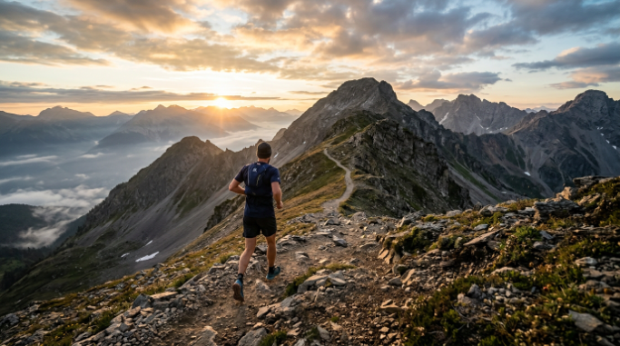 Determined runner climbing a mountain trail at sunrise.