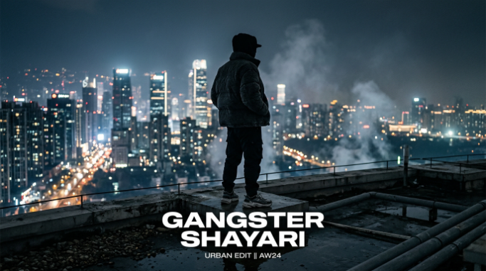 Cinematic city rooftop design representing bold gangster-style attitude shayari.