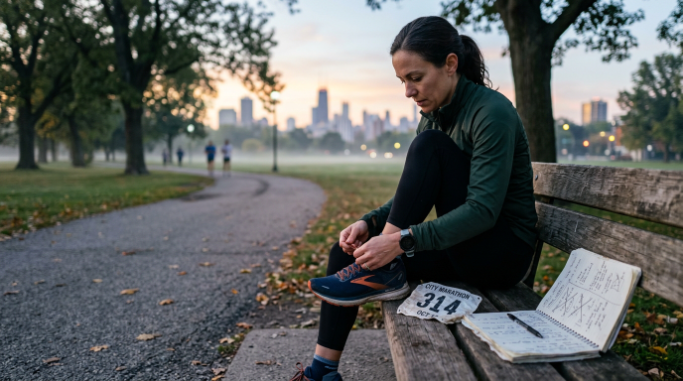 Runner preparing to start again after a setback.