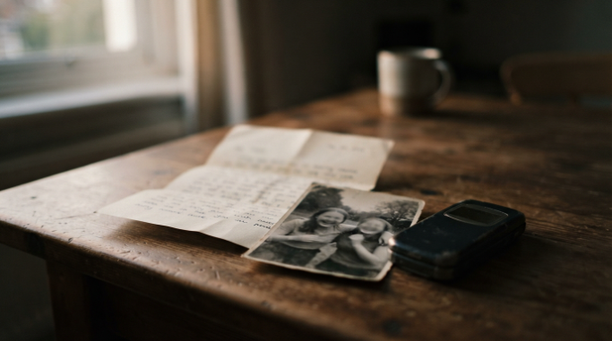 A letter, photograph, and phone resting quietly on a wooden table.