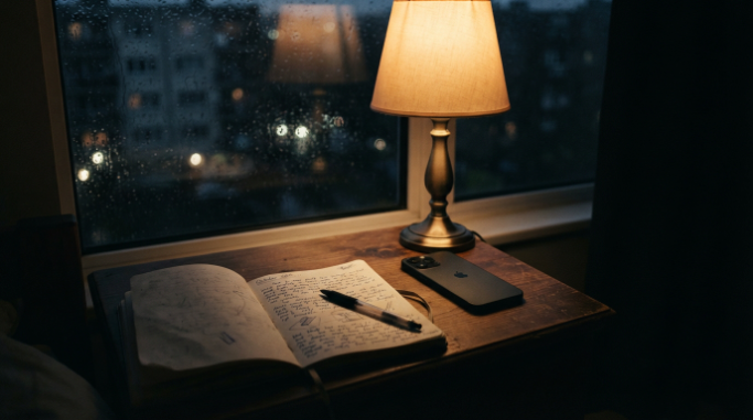 A phone and notebook beside a lamp on a quiet rainy night.