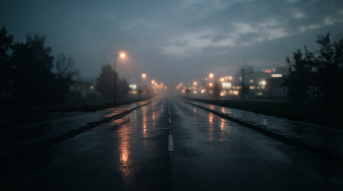A wet empty road reflecting streetlights after rain.