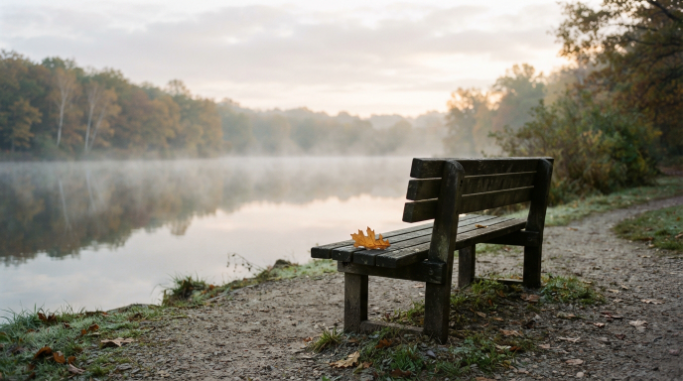 An empty bench beside a misty lake at dawn.