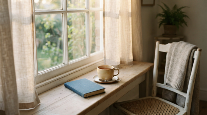 A journal and cup of tea in soft morning light.