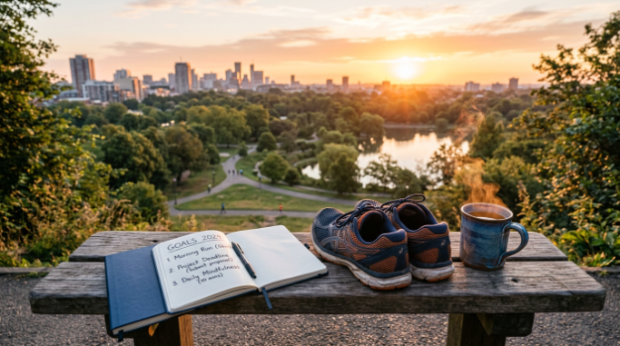 Morning goals notebook and running shoes at sunrise.