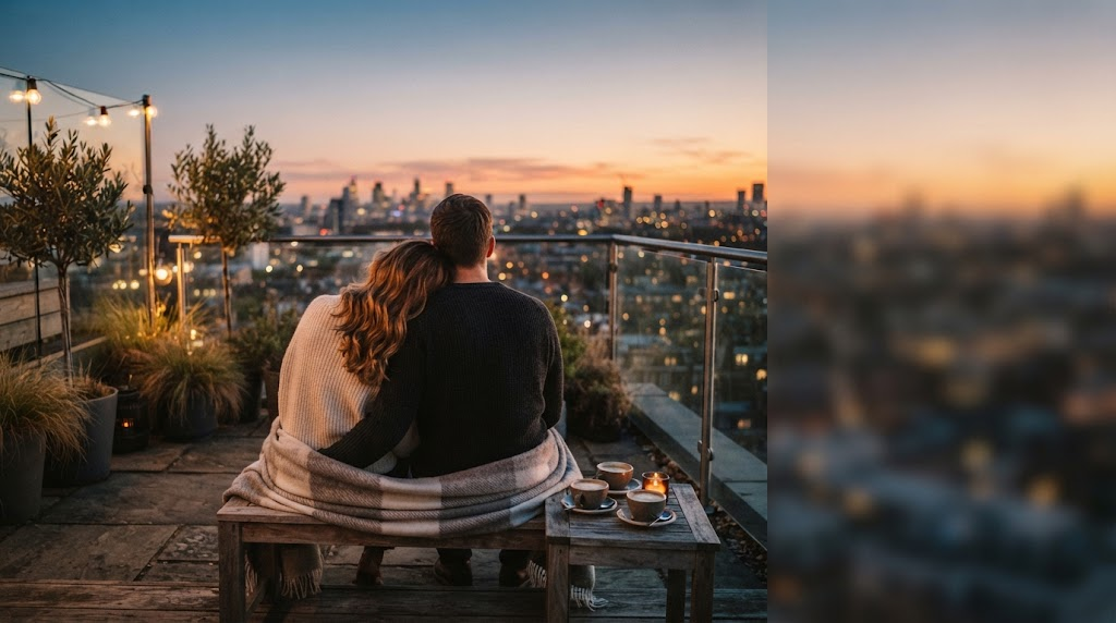 A couple sharing a quiet romantic moment on a rooftop at sunset.
