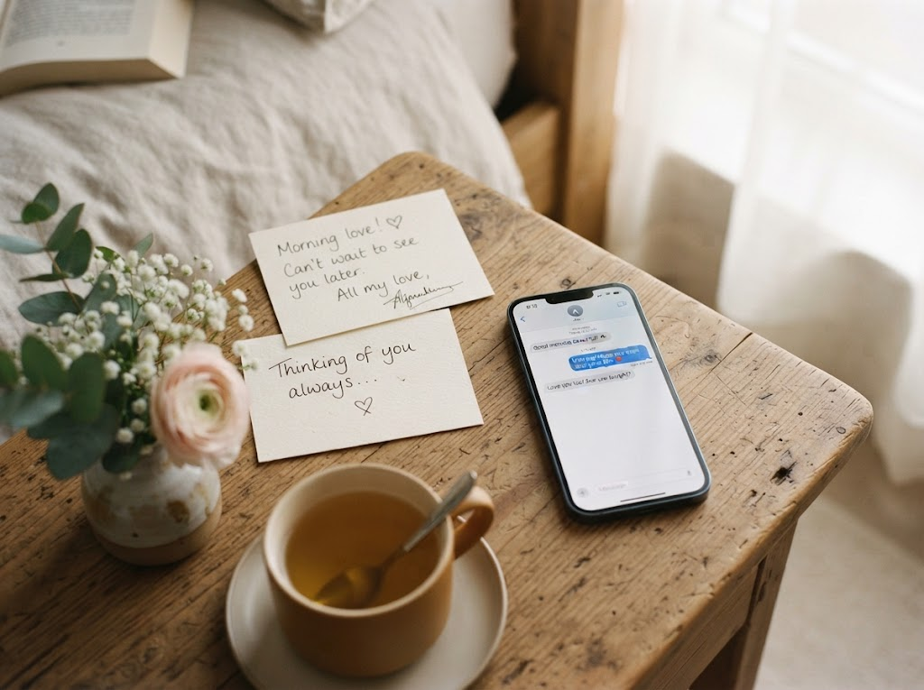 Handwritten love notes beside a phone during a quiet morning.