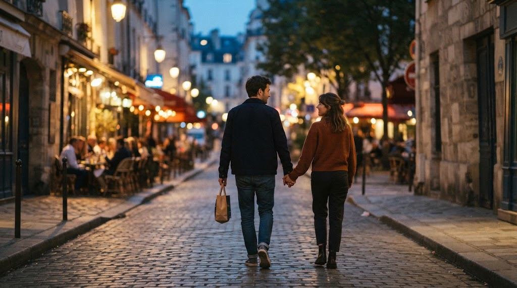 A couple walking hand in hand through a softly lit evening street.