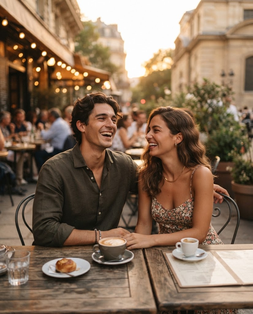A couple laughing together at an outdoor café during golden hour.