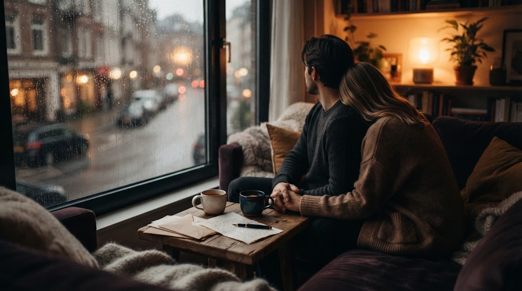 A couple sharing a quiet evening beside a rain-covered window.