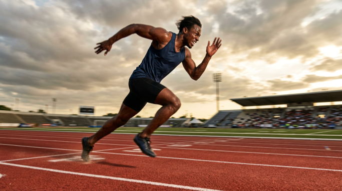 Athlete sprinting with determination on an outdoor track.