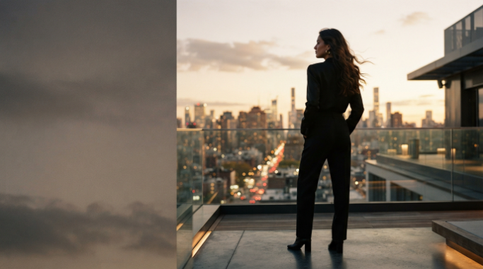 Confident woman overlooking a city at sunset with a bold attitude quote.
