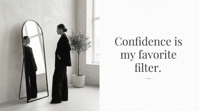 Stylish quote card about confidence featuring a modern female silhouette.