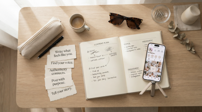 Notebook and smartphone beside cards with personalized confidence quotes.