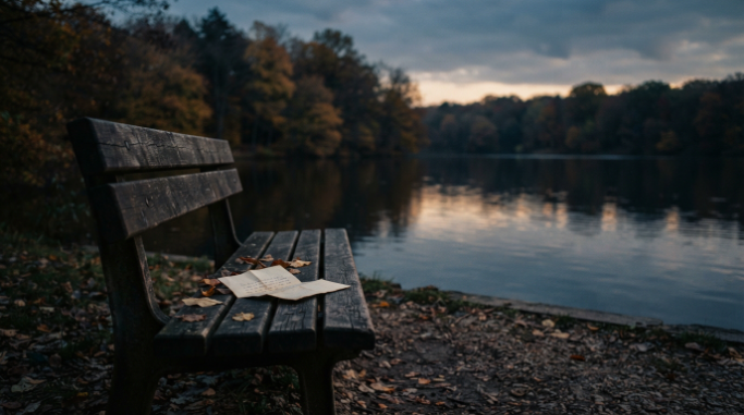 An empty bench beside a quiet lake with a forgotten letter at dusk.