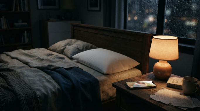 A quiet bedroom with an empty pillow and a phone beside a rainy window.