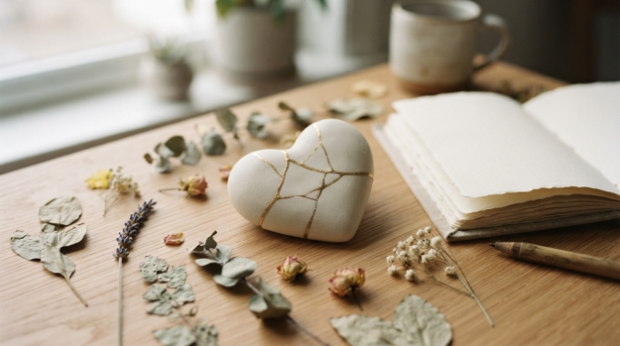 A repaired heart-shaped keepsake resting beside an open journal.