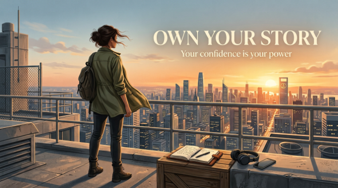 A determined woman looks across a modern skyline while an empowerment quote appears beside her.