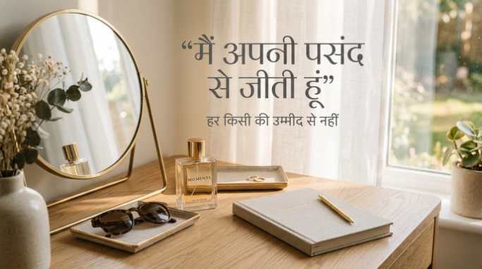 An elegant vanity setup featuring a confident Hindi quote about living independently.