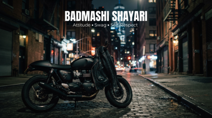 Stylish night-time scene with a motorcycle and bold attitude-themed typography.
