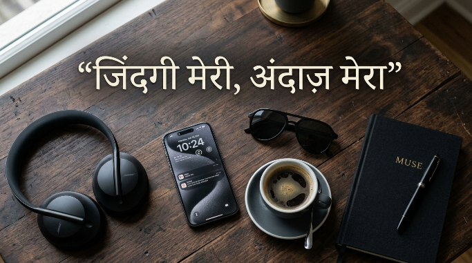 A smartphone and everyday accessories arranged beside a short Hindi attitude caption.