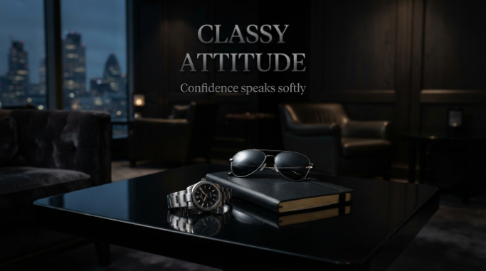 Luxury-inspired attitude quote graphic with a watch, sunglasses, and city skyline.