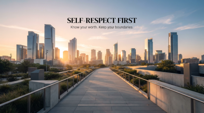 Empty pathway leading toward a bright city skyline with a self-respect message.