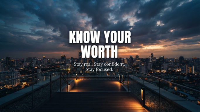 City rooftop at dusk with a motivational confidence quote.