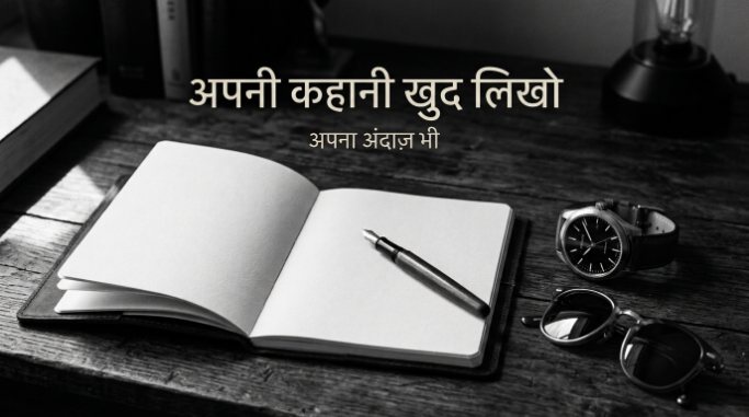 A notebook and pen beside a watch and sunglasses with a Hindi message about creating your own story.